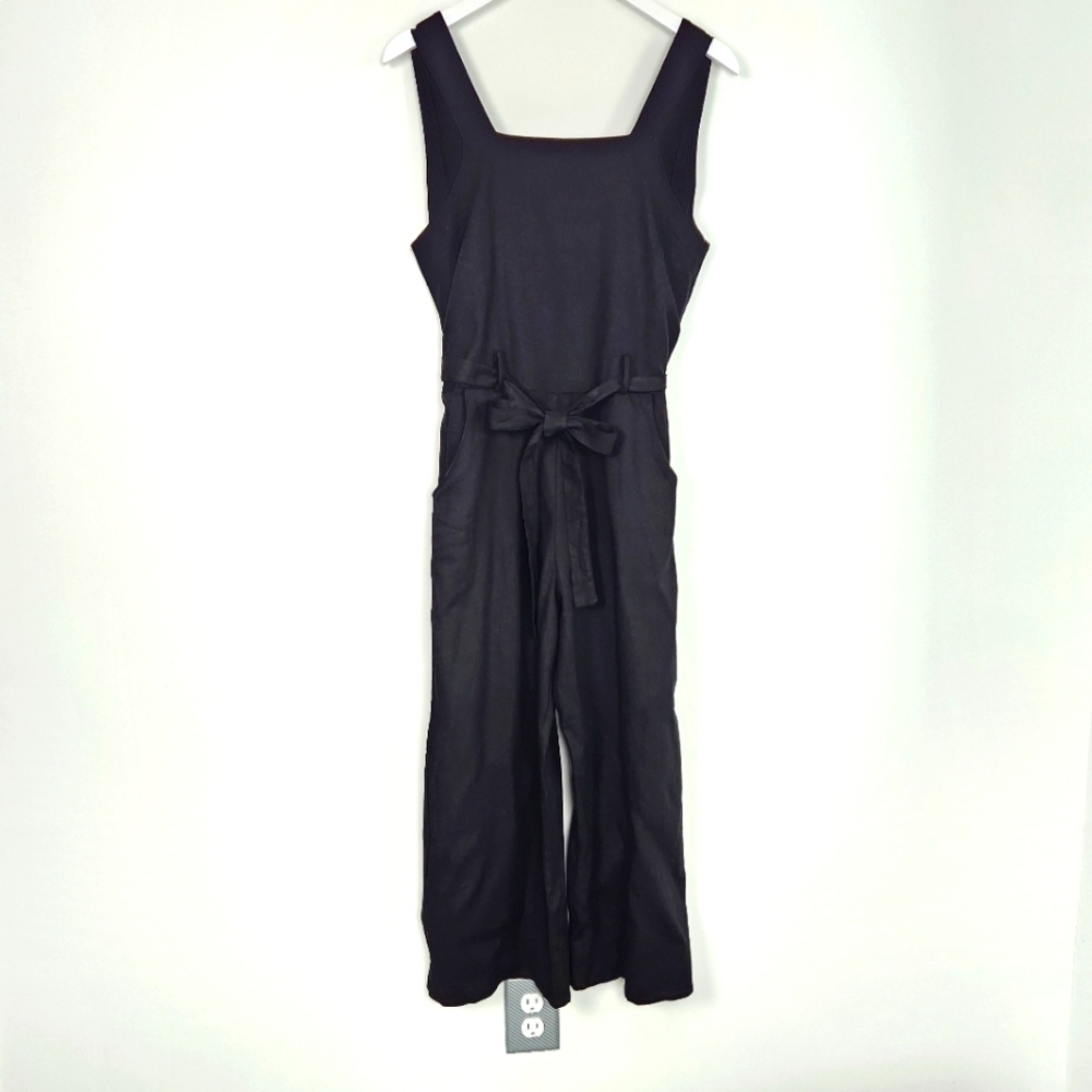 Monteau Black Linen Rayon Blend Tie-Waist V-Cutout Back Cropped Jumpsuit Size L - Picture 1 of 11